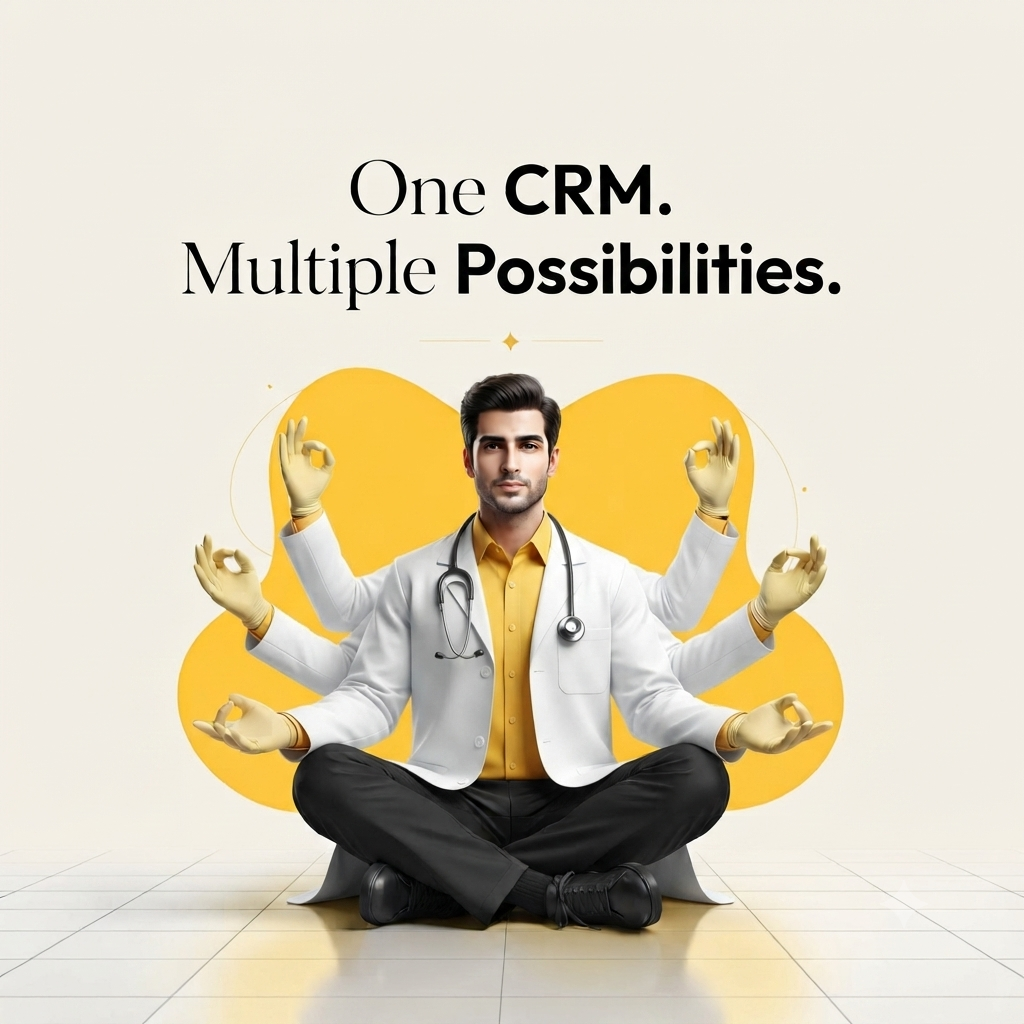 Doctor with multiple arms illustrating one CRM handling many workflows